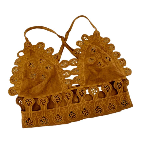 Honey Punch Tops - HONEY Punch Vintage Suede Crochet Cut-Out Festival Bralette Criss-Cross Back